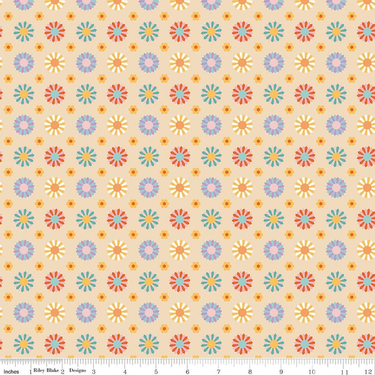 Image of Patchwork Dresden Vanilla quilting cotton fabric by Liza Taylor for Riley Blake Designs. Features Dresden on a yellow background. Cute Little Fabric Shop