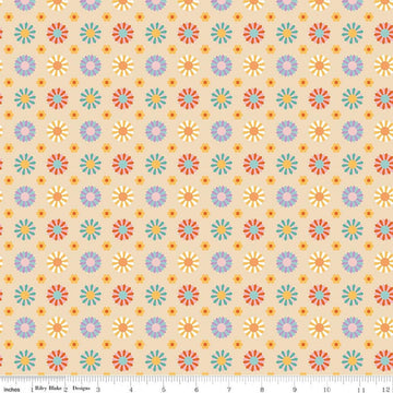 Image of Patchwork Dresden Vanilla quilting cotton fabric by Liza Taylor for Riley Blake Designs. Features Dresden on a yellow background. Cute Little Fabric Shop
