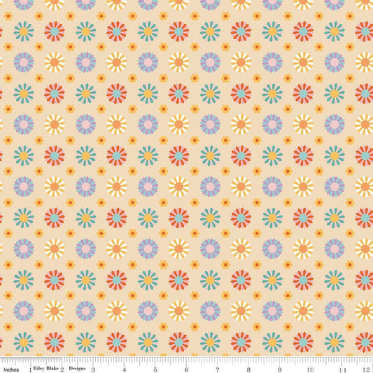 Image of Patchwork Dresden Vanilla quilting cotton fabric by Liza Taylor for Riley Blake Designs. Features Dresden on a yellow background. Cute Little Fabric Shop
