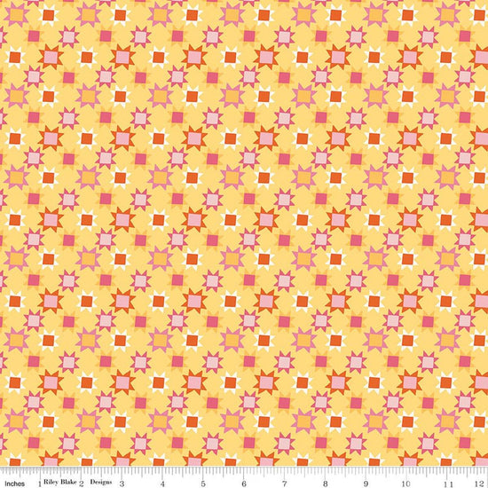 Image of Patchwork Stars Yellow Quilting cotton fabric by Liza Taylor for Riley Blake Designs. Features stars on a yellow background. Cute Little Fabric Shop
