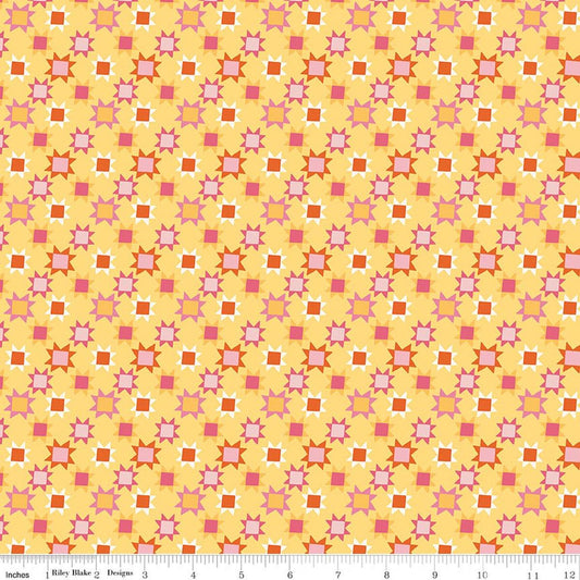 Image of Patchwork Stars Yellow Quilting cotton fabric by Liza Taylor for Riley Blake Designs. Features stars on a yellow background. Cute Little Fabric Shop