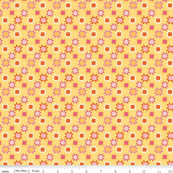 Image of Patchwork Stars Yellow Quilting cotton fabric by Liza Taylor for Riley Blake Designs. Features stars on a yellow background. Cute Little Fabric Shop