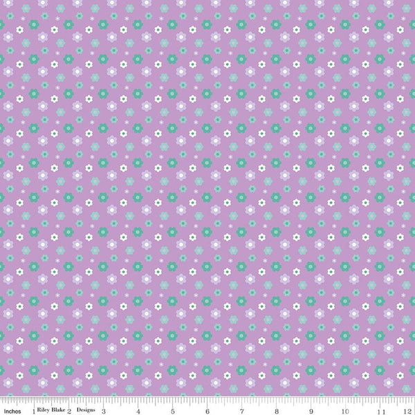 Image of Patchwork Floral Purple quilting cotton fabric by Liza Taylor for Riley Blake Designs. Features flowers on a purple background. Cute Little Fabric Shop