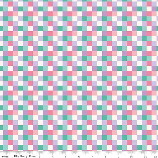 Image of Patchwork Checks Purple quilting cotton fabric by Liza Taylor for Riley Blake Designs. Features squares on a purple background. Cute Little Fabric Shop