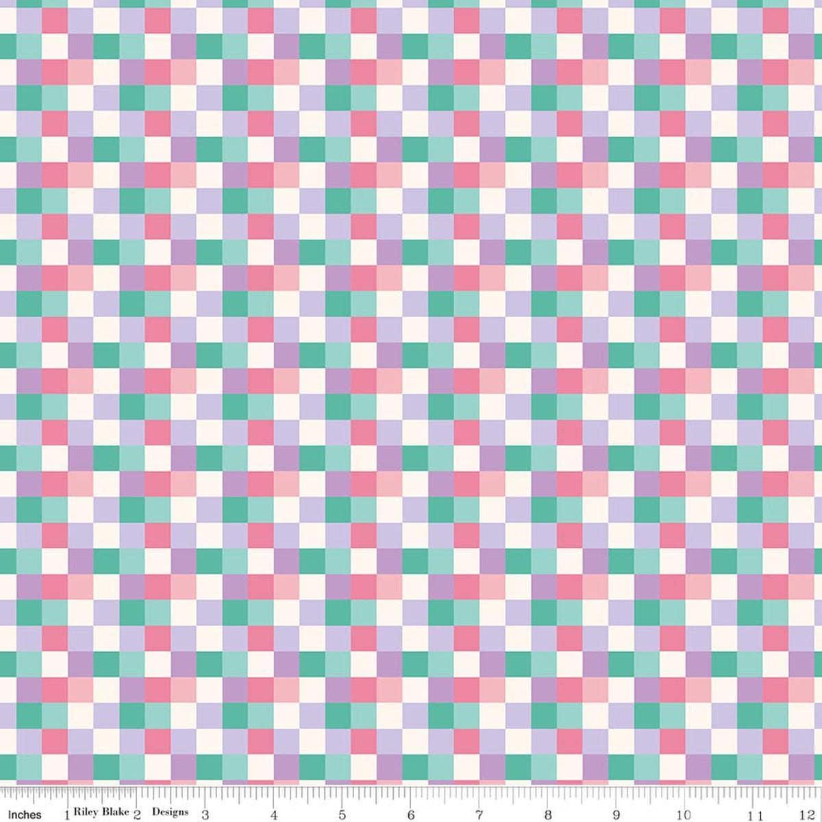 Image of Patchwork Checks Purple quilting cotton fabric by Liza Taylor for Riley Blake Designs. Features squares on a purple background. Cute Little Fabric Shop