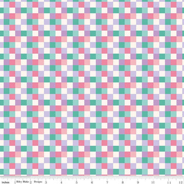 Image of Patchwork Checks Purple quilting cotton fabric by Liza Taylor for Riley Blake Designs. Features squares on a purple background. Cute Little Fabric Shop