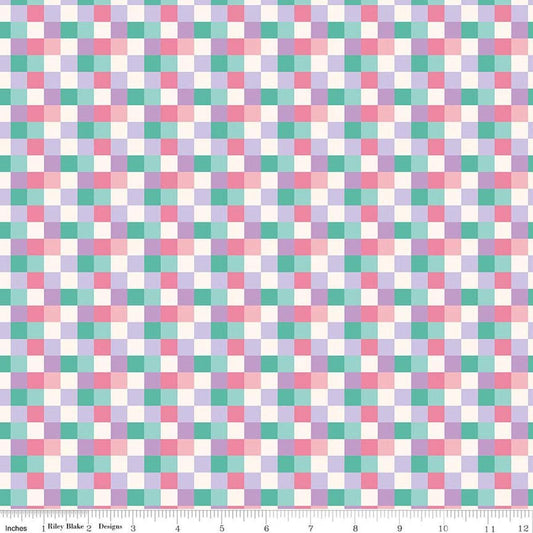 Image of Patchwork Checks Purple quilting cotton fabric by Liza Taylor for Riley Blake Designs. Features squares on a purple background. Cute Little Fabric Shop