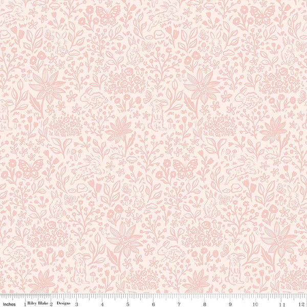 Image of Sweet Cotton Tales Bunny Meadows Pink quilting cotton fabric by Cayla Naylor for Riley Blake Designs. Features flowers on a pink background. Cute Little Fabric Shop