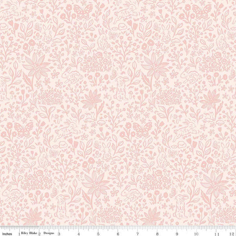 Image of Sweet Cotton Tales Bunny Meadows Pink quilting cotton fabric by Cayla Naylor for Riley Blake Designs. Features flowers on a pink background. Cute Little Fabric Shop