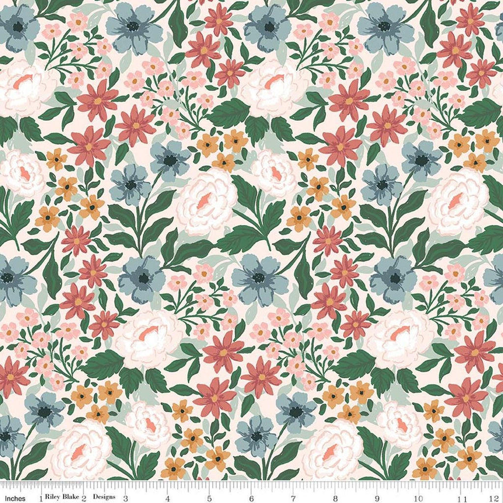 Image of Sweet Cotton Tales Main Blush quilting cotton fabric by Cayla Naylor for Riley Blake Designs. Features flowers on a pink background. Cute Little Fabric Shop