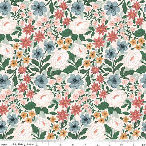 Image of Sweet Cotton Tales Main Blush quilting cotton fabric by Cayla Naylor for Riley Blake Designs. Features flowers on a pink background. Cute Little Fabric Shop