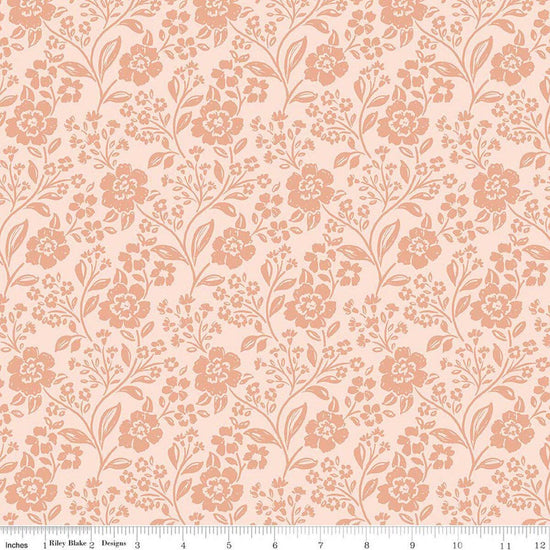 Image of Sweet Cotton Tales Trailing Blossoms Shell quilting cotton fabric by Cayla Naylor for Riley Blake Designs. Features flowers on an orange background. Cute Little Fabric Shop