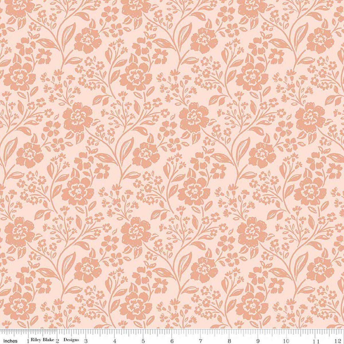 Image of Sweet Cotton Tales Trailing Blossoms Shell quilting cotton fabric by Cayla Naylor for Riley Blake Designs. Features flowers on an orange background. Cute Little Fabric Shop