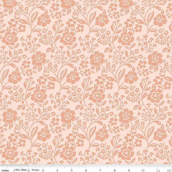 Image of Sweet Cotton Tales Trailing Blossoms Shell quilting cotton fabric by Cayla Naylor for Riley Blake Designs. Features flowers on an orange background. Cute Little Fabric Shop