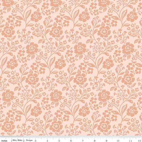 Image of Sweet Cotton Tales Trailing Blossoms Shell quilting cotton fabric by Cayla Naylor for Riley Blake Designs. Features flowers on an orange background. Cute Little Fabric Shop