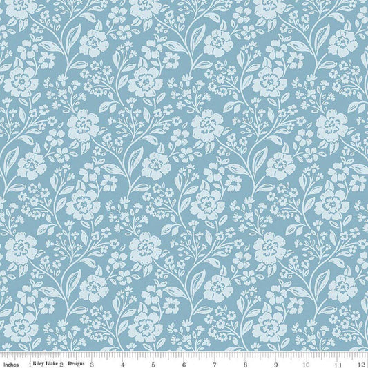 Image of Sweet Cotton Tales Trailing Blossoms Blue quilting cotton fabric by Cayla Naylor for Riley Blake Designs. Features flowers on a blue background. Cute Little Fabric Shop