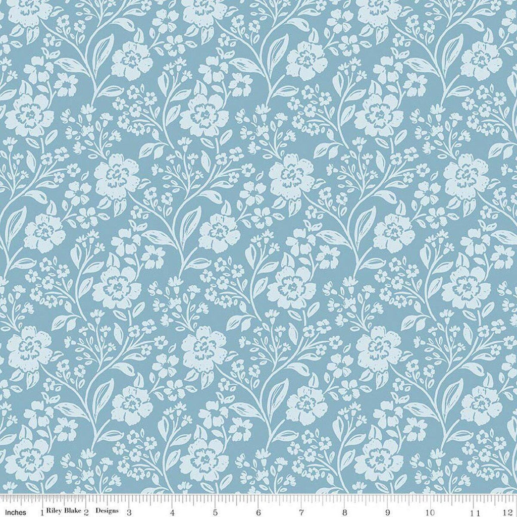 Image of Sweet Cotton Tales Trailing Blossoms Blue quilting cotton fabric by Cayla Naylor for Riley Blake Designs. Features flowers on a blue background. Cute Little Fabric Shop