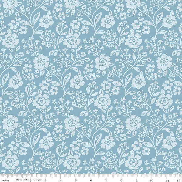 Image of Sweet Cotton Tales Trailing Blossoms Blue quilting cotton fabric by Cayla Naylor for Riley Blake Designs. Features flowers on a blue background. Cute Little Fabric Shop