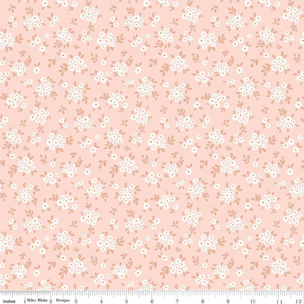 Image of Sweet Cotton Tales Blooming Bliss Shell quilting cotton fabric by Cayla Naylor for Riley Blake Designs. Features flowers on a pink background. Cute Little Fabric Shop
