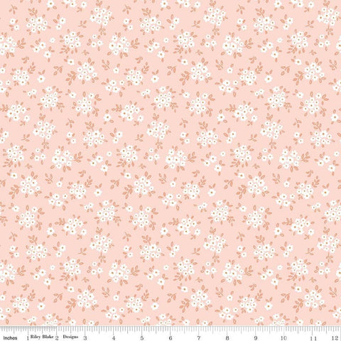 Image of Sweet Cotton Tales Blooming Bliss Shell quilting cotton fabric by Cayla Naylor for Riley Blake Designs. Features flowers on a pink background. Cute Little Fabric Shop