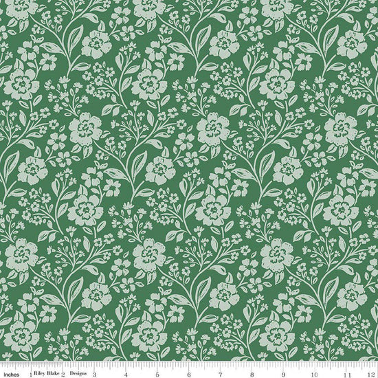 Image of Sweet Cotton Tales Trailing Blossoms Green quilting cotton fabric by Cayla Naylor for Riley Blake Designs. Features flowers on a green background. Cute Little Fabric Shop