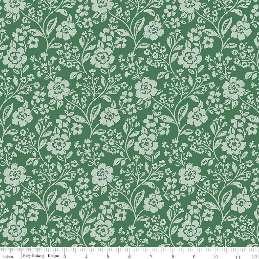 Image of Sweet Cotton Tales Trailing Blossoms Green quilting cotton fabric by Cayla Naylor for Riley Blake Designs. Features flowers on a green background. Cute Little Fabric Shop