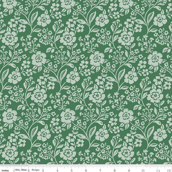 Image of Sweet Cotton Tales Trailing Blossoms Green quilting cotton fabric by Cayla Naylor for Riley Blake Designs. Features flowers on a green background. Cute Little Fabric Shop