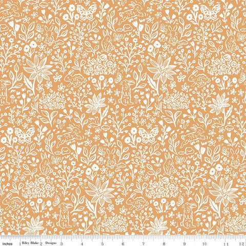 Image of Sweet Cotton Tales Bunny Meadow Apricot quilting cotton fabric by Cayla Naylor for Riley Blake Designs. Features plants on an orange background. Cute Little Fabric Shop