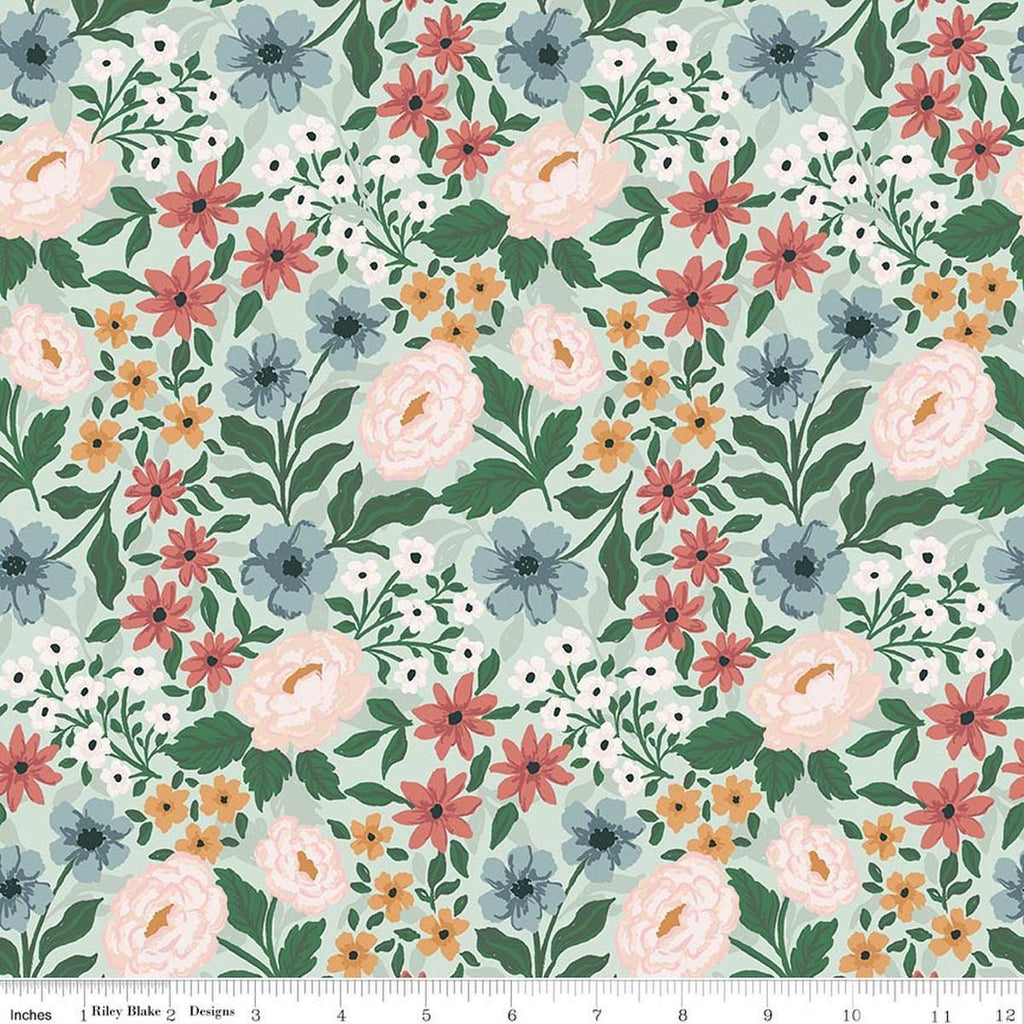Image of Sweet Cotton Tales Main Mint quilting cotton fabric by Cayla Naylor for Riley Blake Designs. Features flowers on a green background. Cute Little Fabric Shop