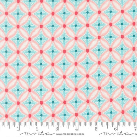Image of Reef Medallion Starfish quilting cotton fabric by Kate Spain for Moda Fabrics. Features geometric patterns on a pink background. Cute Little Fabric Shop