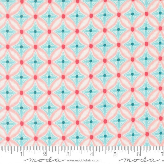 Image of Reef Medallion Starfish quilting cotton fabric by Kate Spain for Moda Fabrics. Features geometric patterns on a pink background. Cute Little Fabric Shop
