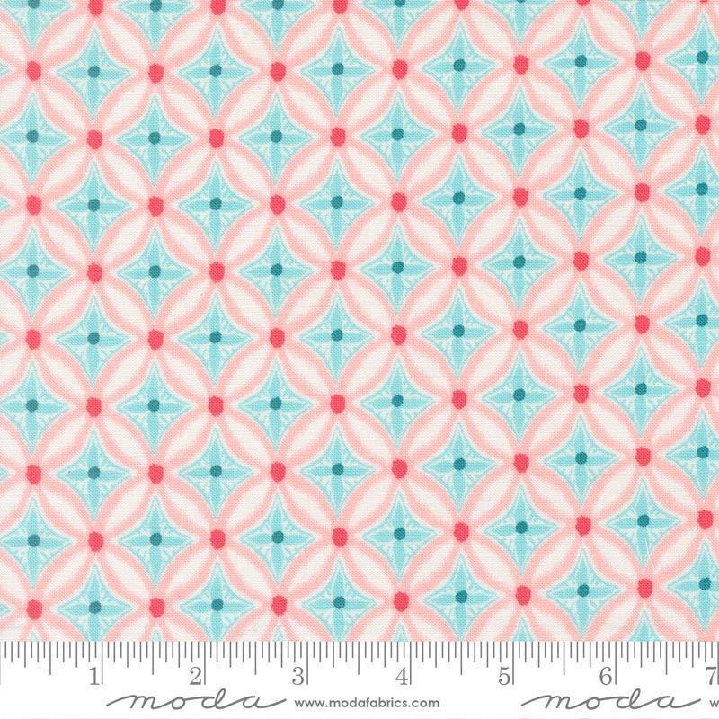 Image of Reef Medallion Starfish quilting cotton fabric by Kate Spain for Moda Fabrics. Features geometric patterns on a pink background. Cute Little Fabric Shop