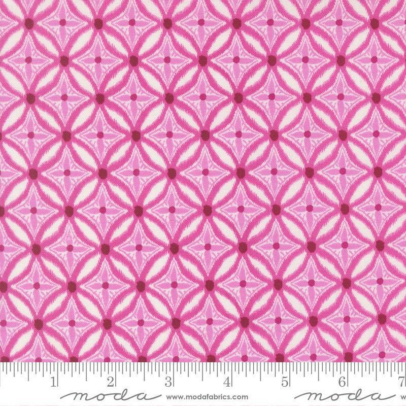 Image of Reef Medallion Magenta quilting cotton fabric by Kate Spain for Moda Fabrics. Features geometric design on a pink background. Cute Little Fabric Shop