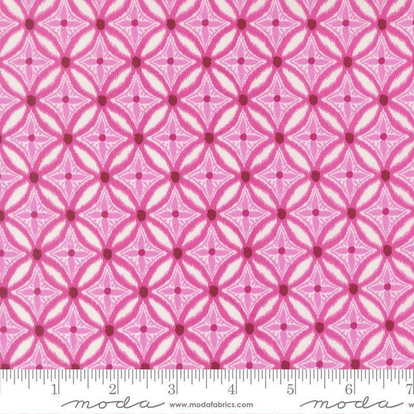 Image of Reef Medallion Magenta quilting cotton fabric by Kate Spain for Moda Fabrics. Features geometric design on a pink background. Cute Little Fabric Shop