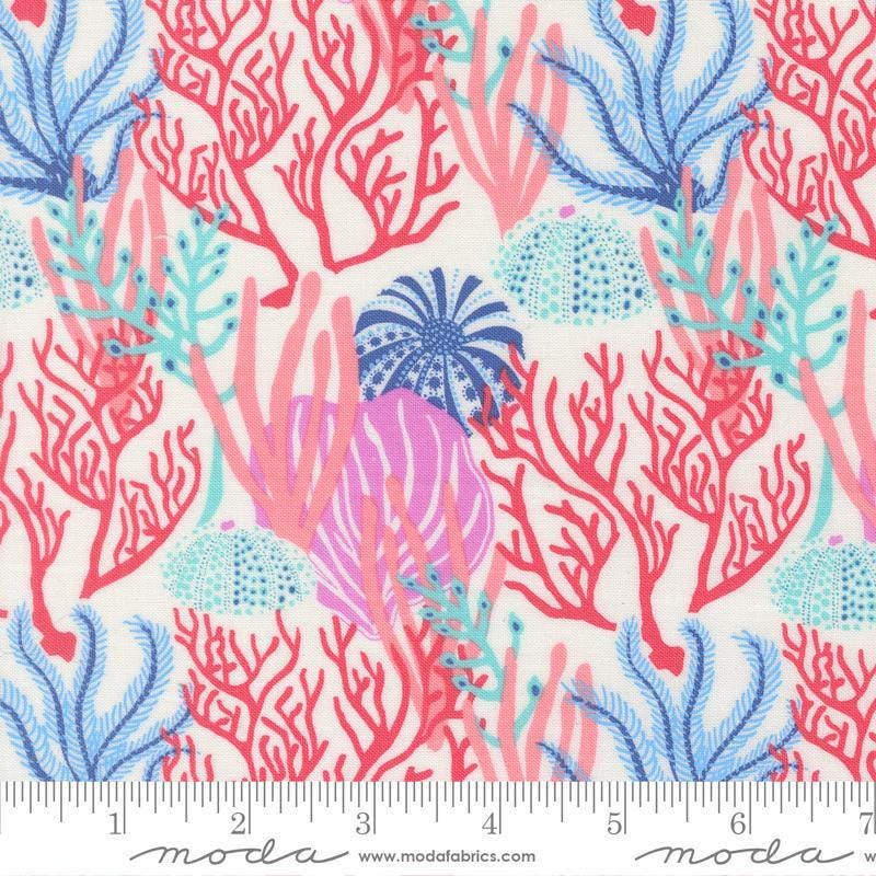 Image of Reef Coral Reef Pearl quilting cotton fabric by Kate Spain for Moda Fabrics. Features coral on a cream background. Cute Little Fabric Shop