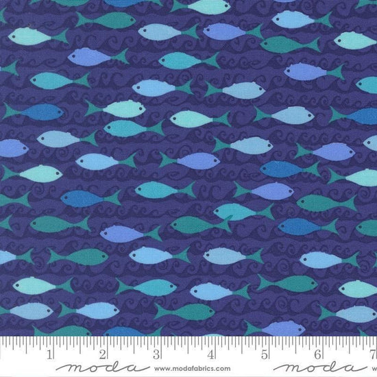 Image of Reef School of Fish Seafoam quilting cotton fabric by Kate Spain for Moda Fabrics. Features fish on a blue background. Cute Little Fabric Shop