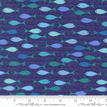Image of Reef School of Fish Seafoam quilting cotton fabric by Kate Spain for Moda Fabrics. Features fish on a blue background. Cute Little Fabric Shop