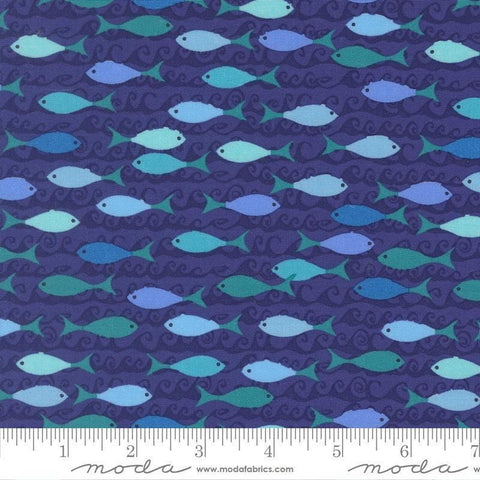 Image of Reef School of Fish Seafoam quilting cotton fabric by Kate Spain for Moda Fabrics. Features fish on a blue background. Cute Little Fabric Shop
