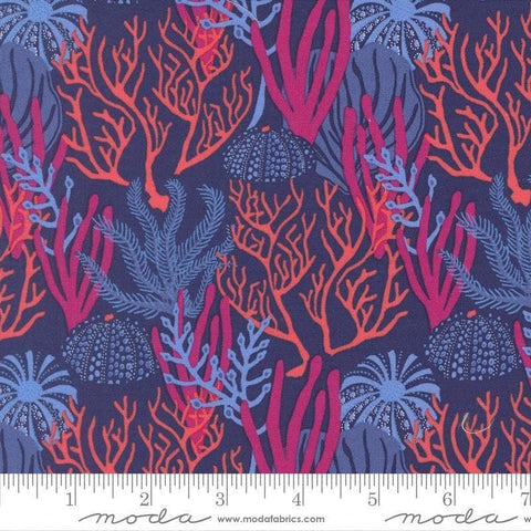 Image of Reef Coral Reef Dusk quilting cotton fabric by Kate Spain for Moda Fabrics. Features coral on a blue background. Cute Little Fabric Shop
