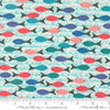 Image of Reef School of Fish Pearl quilting cotton fabric by Kate Spain for Moda Fabrics. Features fish on a blue background. Cute Little Fabric Shop