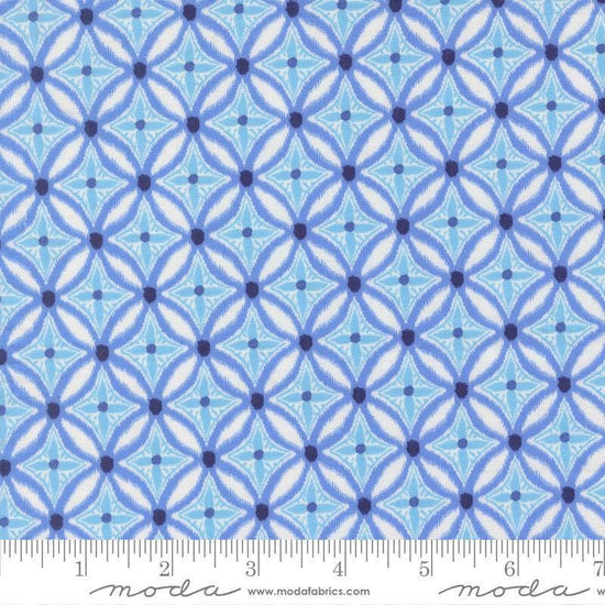 Image of Reef Medallion Swordfish quilting cotton fabric by Kate Spain for Moda Fabrics. Features geometric pattern on a blue background. Cute Little Fabric Shop
