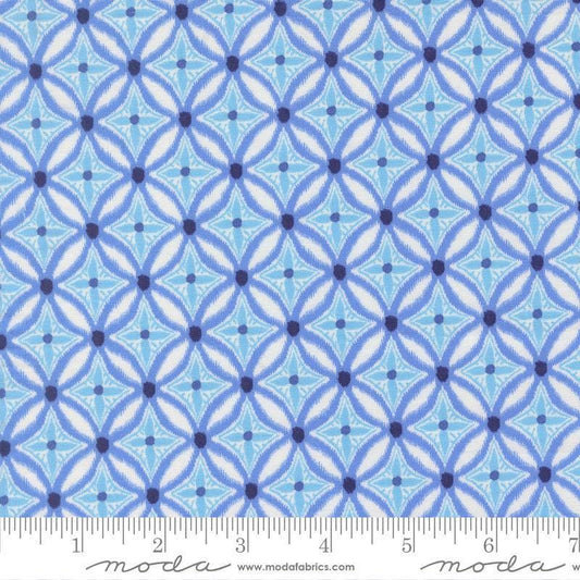 Image of Reef Medallion Swordfish quilting cotton fabric by Kate Spain for Moda Fabrics. Features geometric pattern on a blue background. Cute Little Fabric Shop