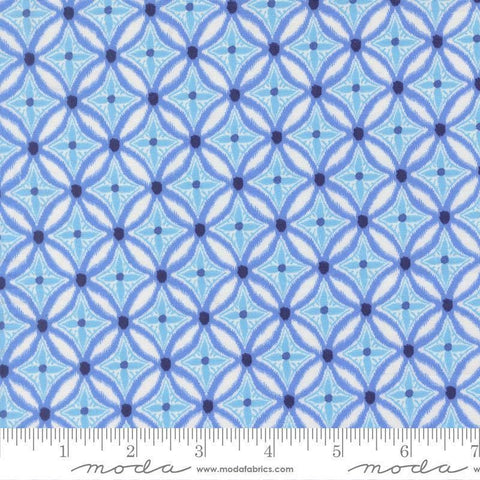 Image of Reef Medallion Swordfish quilting cotton fabric by Kate Spain for Moda Fabrics. Features geometric pattern on a blue background. Cute Little Fabric Shop