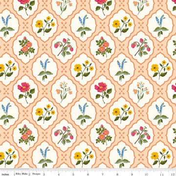 Image of Virginia Rose Wallflower Shell quilting cotton by Katherine Lenius for Riley Blake Designs. Features flowers on a peach background. Cute Little Fabric Shop