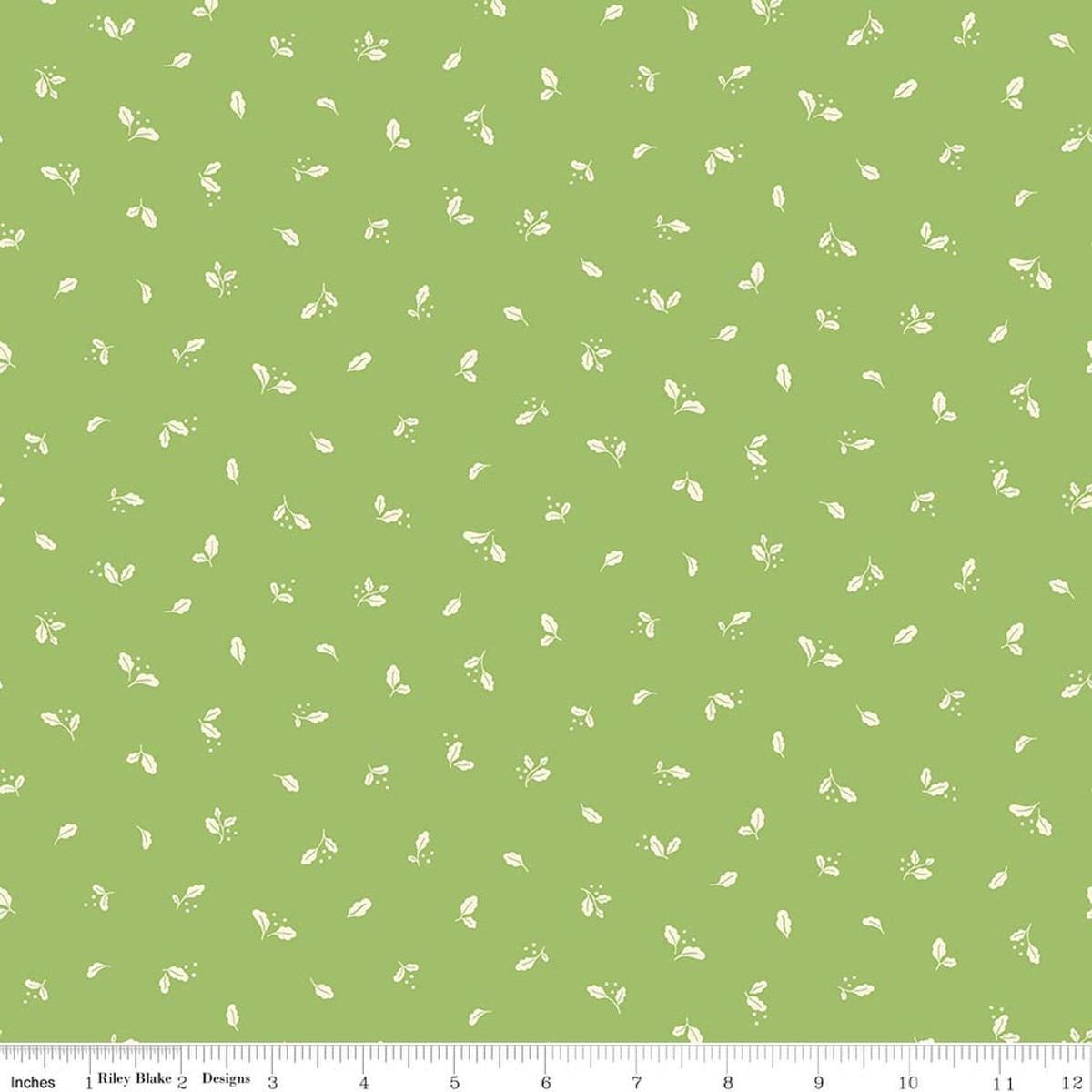 Image of Virginia Rose Leaflet Green quilting cotton by Katherine Lenius for Riley Blake Designs. Features leaves on a green background. Cute Little Fabric Shop