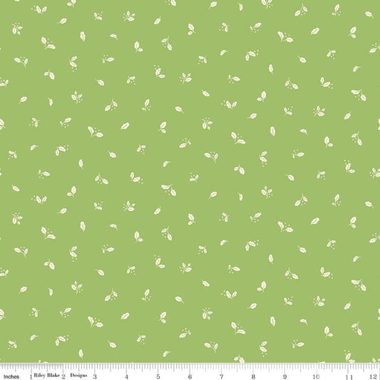 Image of Virginia Rose Leaflet Green quilting cotton by Katherine Lenius for Riley Blake Designs. Features leaves on a green background. Cute Little Fabric Shop