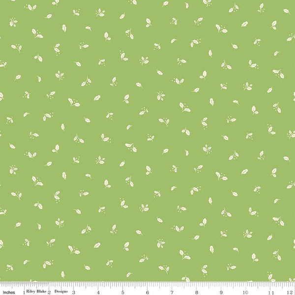 Image of Virginia Rose Leaflet Green quilting cotton by Katherine Lenius for Riley Blake Designs. Features leaves on a green background. Cute Little Fabric Shop