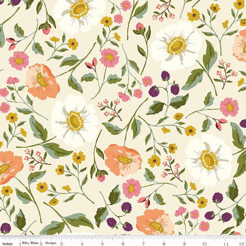 Image of Virginia Rose Main Cream quilting cotton by Katherine Lenius for Riley Blake Designs. Features flowers on a cream background. Cute Little Fabric Shop