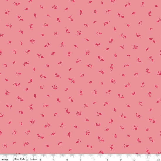 Image of Virginia Rose Leaflet Pink quilting cotton by Katherine Lenius for Riley Blake Designs. Features leaves on a pink background. Cute Little Fabric Shop