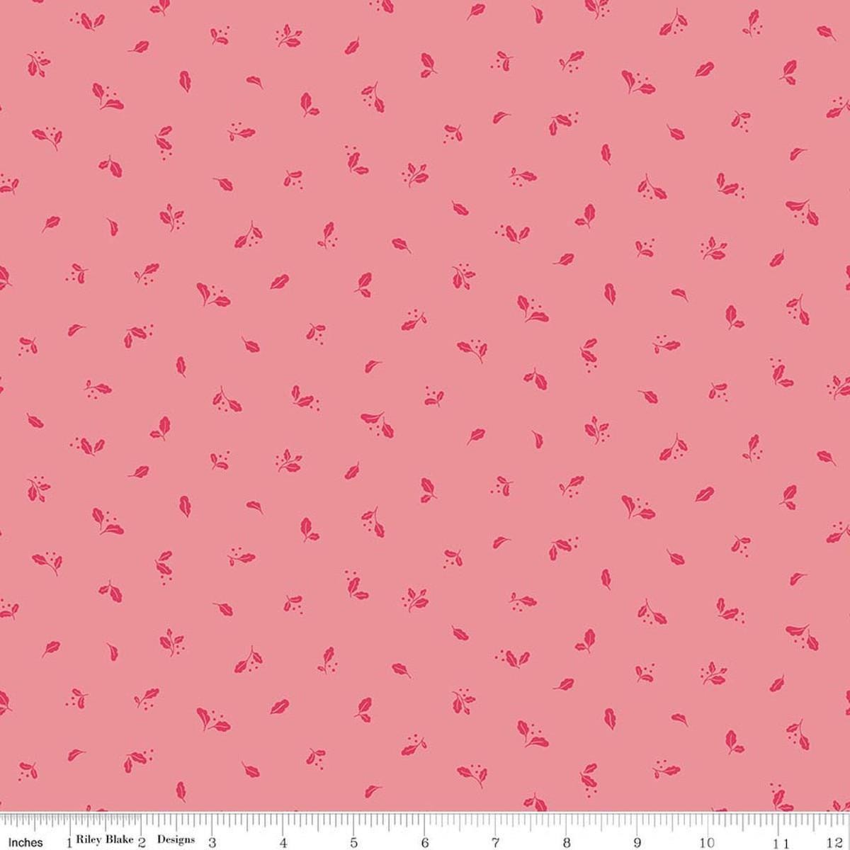 Image of Virginia Rose Leaflet Pink quilting cotton by Katherine Lenius for Riley Blake Designs. Features leaves on a pink background. Cute Little Fabric Shop